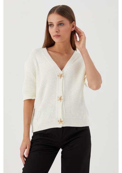 Yıldız Düğmeli Kısa Kol Hırka Ekru