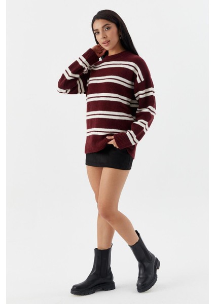Çizgili Triko Kazak Bordo fırsatları