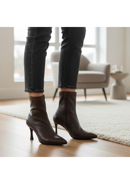 564FD Günlük Fermuarlı Kadın Topuklu Bot Ayakkabı Ince Topuk Klasik Topuklu Bot