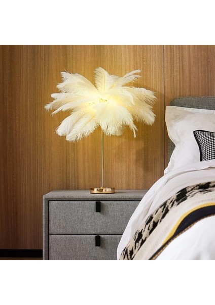 Masa Lambası Deve Kuşu Tüy Palmiye Beyaz Abajur