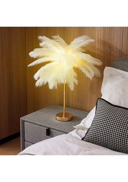Masa Lambası Deve Kuşu Tüy Palmiye Beyaz Abajur modelleri