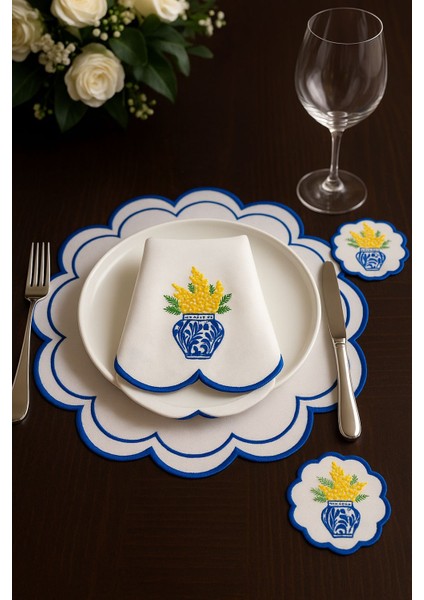 Mimoza Model Üzeri Çiçek Nakışlı Amerikan Servis + Servis Peçetesi + Kokteyl Peçete 18'li Set