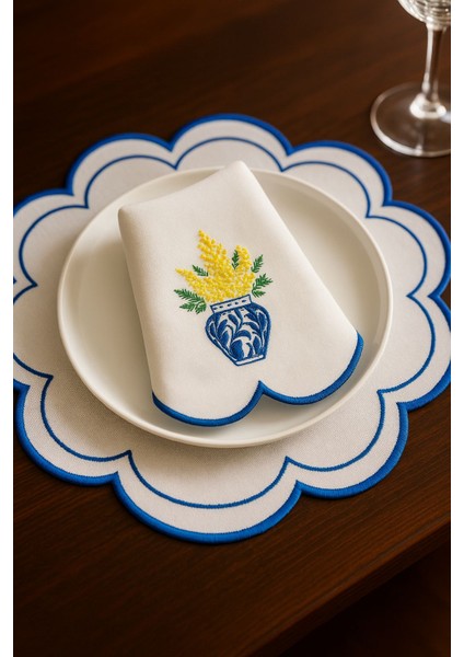 Mimoza Model Üzeri Çiçek Nakışlı Amerikan Servis + Servis Peçetesi + Kokteyl Peçete 18'li Set fiyatları