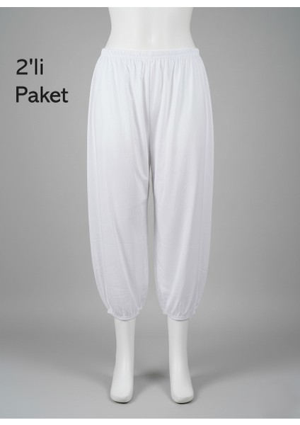Uzun Paçalı Şalvar Kadın Külot Paçası Lastikli 2'li Paket Battal Büyük Beden Beyaz - Doğanyıldız