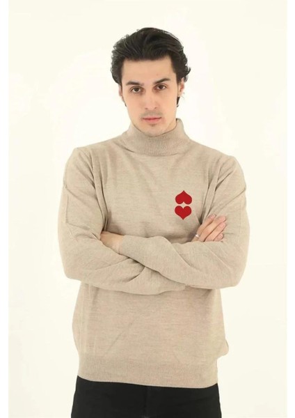 Unisex Yarım Boğazlı Baskılı Dokuma Triko - Bej