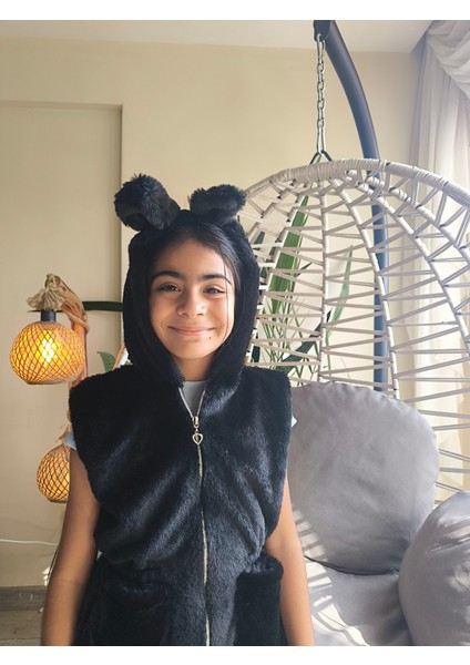 kız Çocuk Kapşonlu Kürklü Peluş Cepli Belden Büzgülü Içi Astarlı %100 Pamuk Yelek Siyah indirimleri