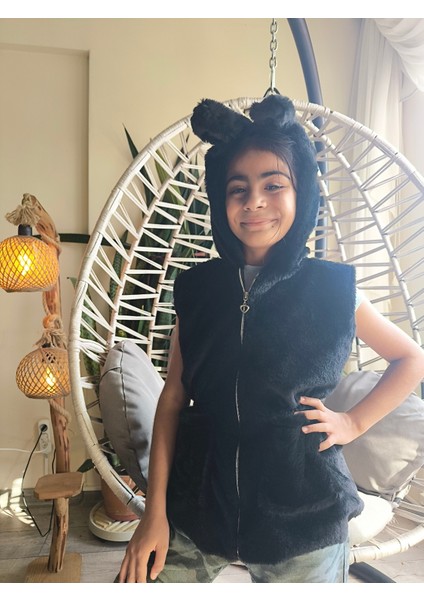 kız Çocuk Kapşonlu Kürklü Peluş Cepli Belden Büzgülü Içi Astarlı %100 Pamuk Yelek Siyah