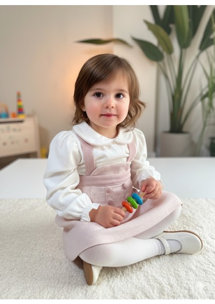 Kız Bebek Jile Takımı Pudra Pembe Triko Dokulu Bluzlu Salopet Sonbahar Kış