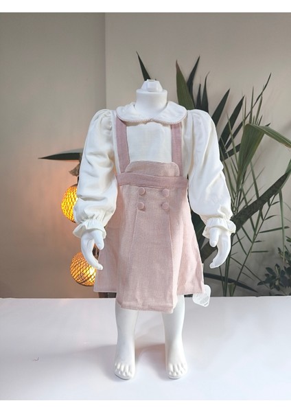 Kız Bebek Jile Takımı Pudra Pembe Triko Dokulu Bluzlu Salopet Sonbahar Kış