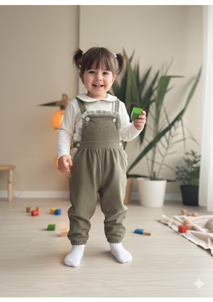 Bebe Yaka Fırfır Detaylı Fitilli Kadife Kız Çocuk Salopet Takımı Tulumlu