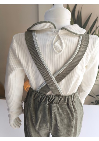 Bebe Yaka Fırfır Detaylı Fitilli Kadife Kız Çocuk Salopet Takımı Tulumlu