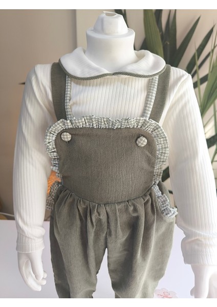 Bebe Yaka Fırfır Detaylı Fitilli Kadife Kız Çocuk Salopet Takımı Tulumlu