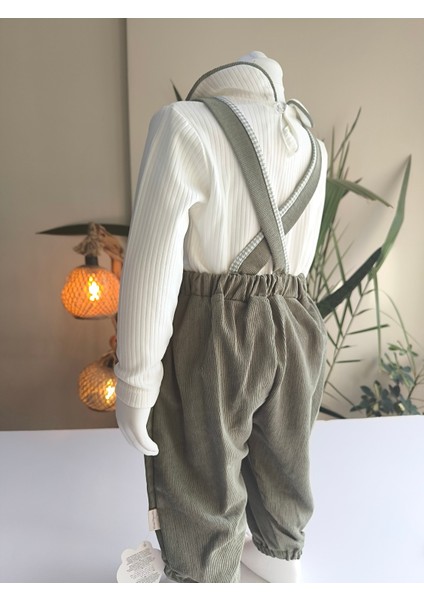 Bebe Yaka Fırfır Detaylı Fitilli Kadife Kız Çocuk Salopet Takımı Tulumlu