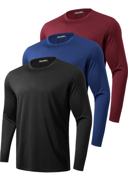 3'lü Paket Erkek %100 Pamuklu Likralı Spor Koşu Günlük Antrenman Uzun Kollu Penye T-Shirt