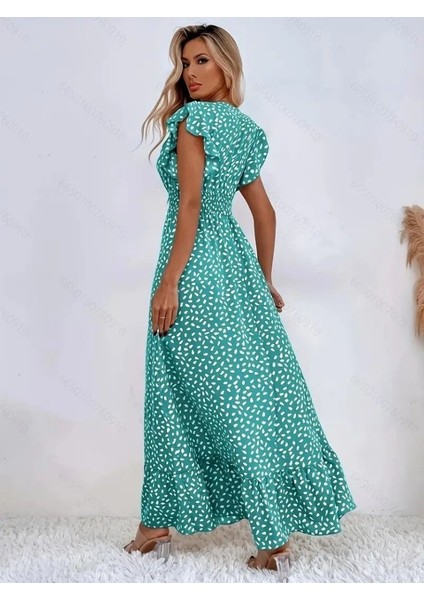 Kadın Kısa Kollu Kruvaze Yaka Beli Lastikli Çiçek Desenli Elbise modelleri