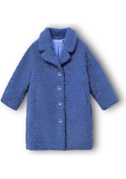 Kız Çocuk Pamuklu Mavi Pelüş Kaban – Yumuşak Dokulu Düğmeli Tasarım