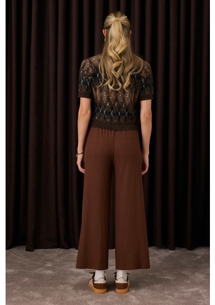 Şerit Detaylı Triko Pantolon Acı Kahve