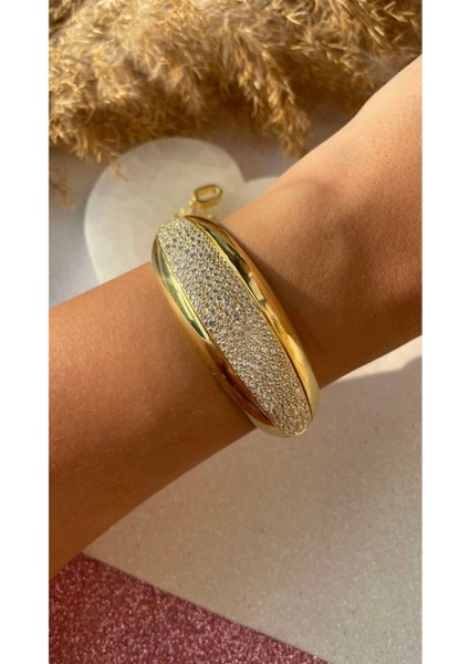 Taşlı Kalın Bilezik Altın Kelepçe Bilezik Full Taşlı Kalın Bileklik Sevgiliye Hediye