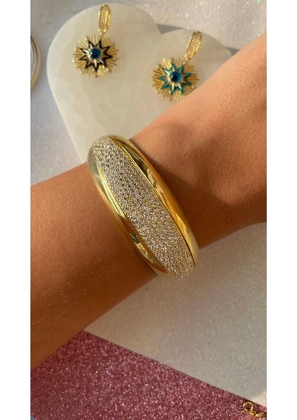 Taşlı Kalın Bilezik Altın Kelepçe Bilezik Full Taşlı Kalın Bileklik Sevgiliye Hediye fiyatları