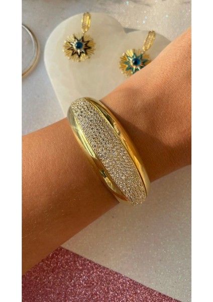 Taşlı Kalın Bilezik Altın Kelepçe Bilezik Full Taşlı Kalın Bileklik Sevgiliye Hediye fırsatları