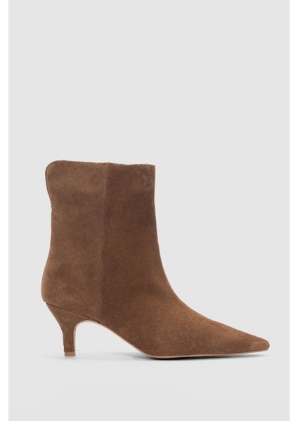 Valenne Hakiki Deri Kısa ve Ince Topuk Kadın Bot- Taba Süet
