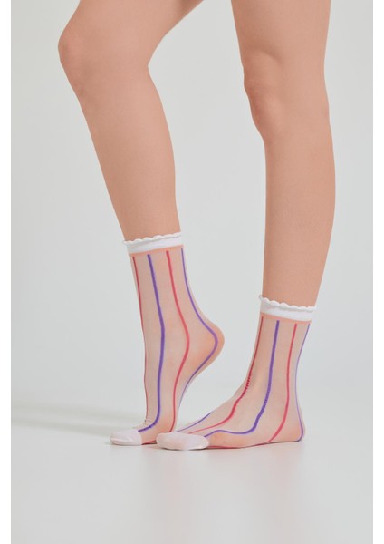 Kadın Dik Renkli Çizgili İnce Soket Çorap Beyaz modelleri