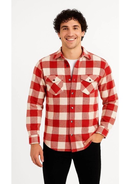 Erkek Oduncu Gömlek – Uzun Kollu, Şardonlu Kumaş, Kareli Desen, Regular Fit, Manşetli, Çift Cepli, Rahat Günlük Bahar & Kış Stil - Kırmızı