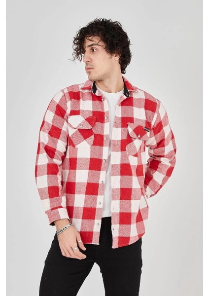 Erkek Oduncu Gömlek – Uzun Kollu, Şardonlu Kumaş, Kareli Desen, Regular Fit, Manşetli, Çift Cepli, Rahat Günlük Bahar & Kış Stil - Kırmızı