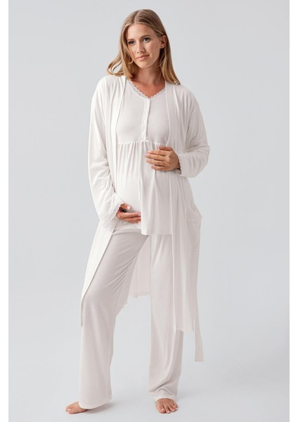 Uzun Kollu Düğmeli Esnek Viskoz Hamile Sabahlık Pijama Takım 18302