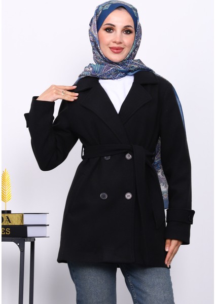 Siyah Kruvaze Yaka Çift Düğmeli Kaşe Kaban