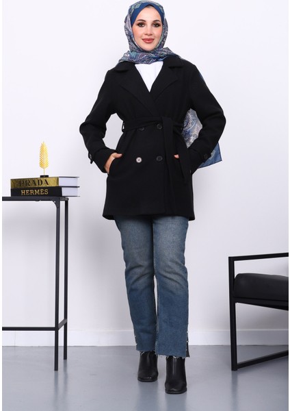 Siyah Kruvaze Yaka Çift Düğmeli Kaşe Kaban fiyatları