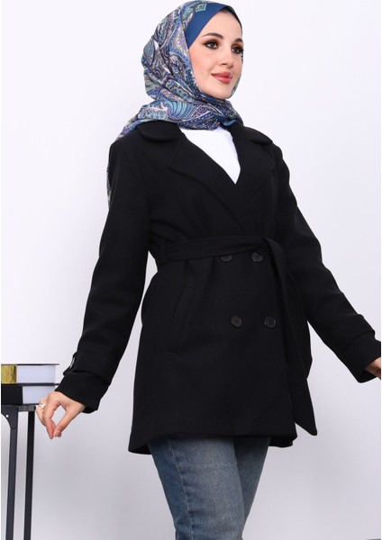 Siyah Kruvaze Yaka Çift Düğmeli Kaşe Kaban modelleri
