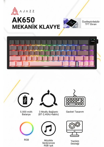 AK650 Tft Ekranlı 3 Modlu Oyuncu Klavyesi + 139 V2 Mc Profesyonel Oyuncu Mouse Seti