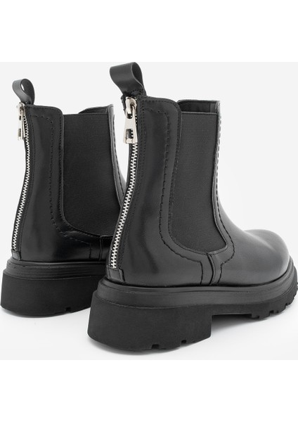 Kadın Lastikli Fermuar Aksesuarlı Tırtıklı Kalın Taban Günlük Bot Rupit Siyah