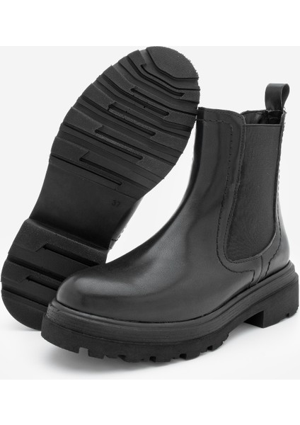 Kadın Lastikli Fermuar Aksesuarlı Tırtıklı Kalın Taban Günlük Bot Rupit Siyah