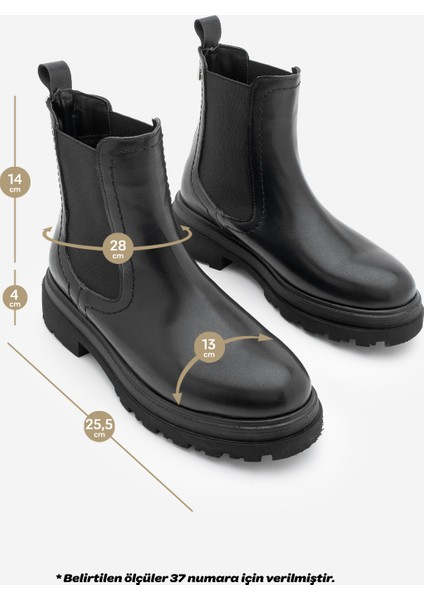 Kadın Lastikli Fermuar Aksesuarlı Tırtıklı Kalın Taban Günlük Bot Rupit Siyah