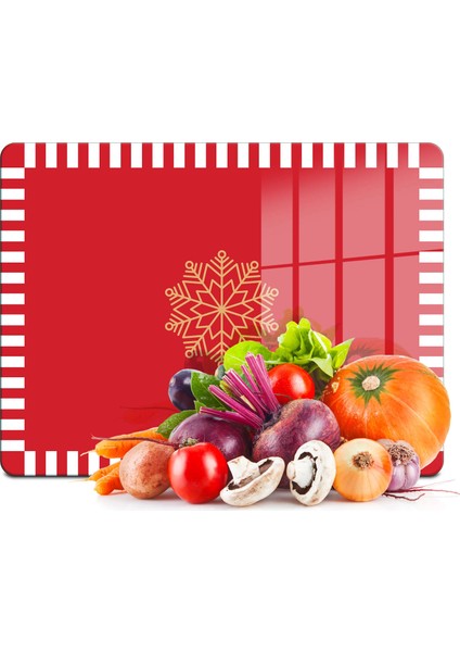 ovetro Cam Kesme Tahtası ve Sunumluk Kırmızı Beyaz Kar Tanesi Desenli 20X30 cm