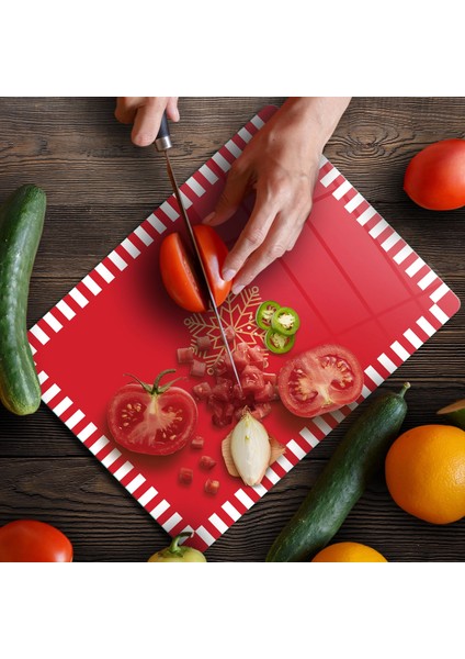 ovetro Cam Kesme Tahtası ve Sunumluk Kırmızı Beyaz Kar Tanesi Desenli 20X30 cm fırsatları