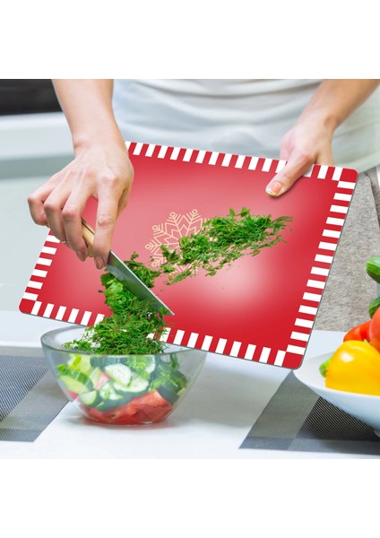 ovetro Cam Kesme Tahtası ve Sunumluk Kırmızı Beyaz Kar Tanesi Desenli 20X30 cm indirimleri