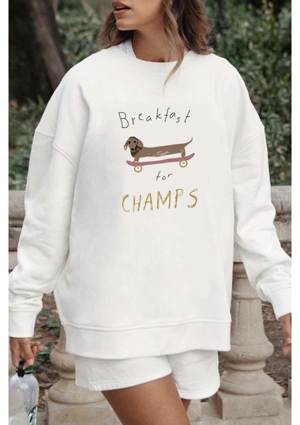 Kadın Köpek Baskılı Şardonlu Oversize Sweatshirt