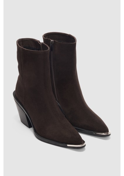 Velisse Hakiki Deri Yandan Fermuarlı Sivri Burun Kadın Bot- Kahve Süet fırsatları