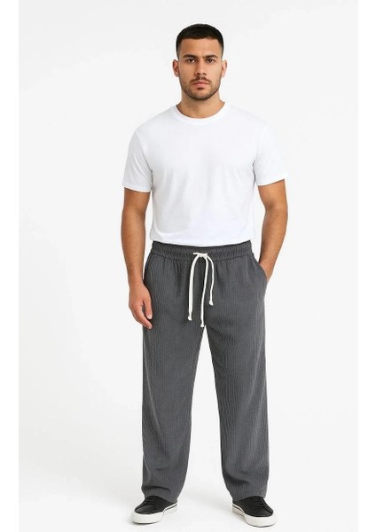Erkek Fitilli Kadife Cepli Buggy Pantolon Oversize Rahat Kalıp - Füme