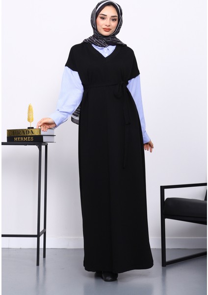 Siyah Gömlek Garnili İki İplik Elbise