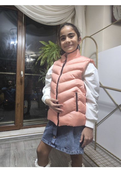 kız-Erkek Çocuk Şişme Yelek Astarlı Fermuarlı Cepli Su Tutmaz Rüzgar Kesici Isı Yalıtımlı Somon