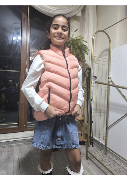 kız-Erkek Çocuk Şişme Yelek Astarlı Fermuarlı Cepli Su Tutmaz Rüzgar Kesici Isı Yalıtımlı Somon modelleri