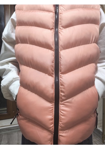 kız-Erkek Çocuk Şişme Yelek Astarlı Fermuarlı Cepli Su Tutmaz Rüzgar Kesici Isı Yalıtımlı Somon