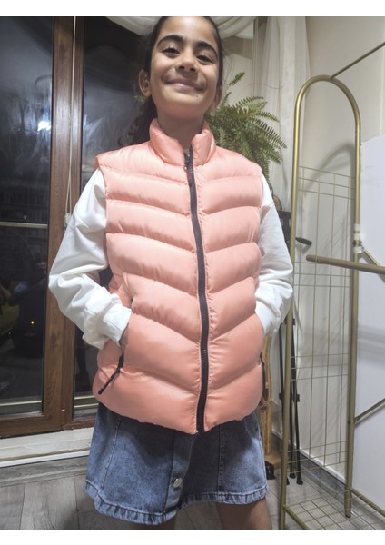 kız-Erkek Çocuk Şişme Yelek Astarlı Fermuarlı Cepli Su Tutmaz Rüzgar Kesici Isı Yalıtımlı Somon