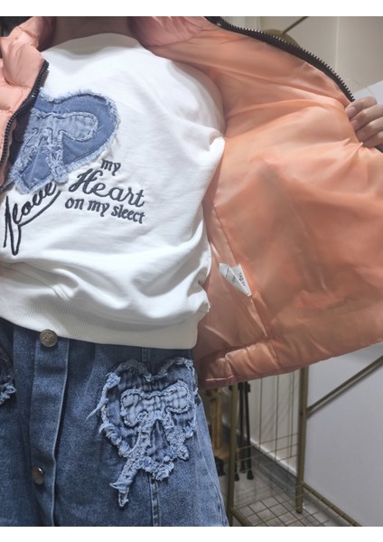 kız-Erkek Çocuk Şişme Yelek Astarlı Fermuarlı Cepli Su Tutmaz Rüzgar Kesici Isı Yalıtımlı Somon