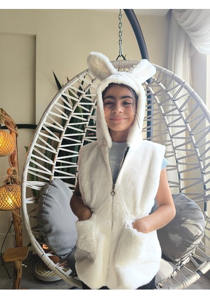 kız Çocuk Kapşonlu Kürklü Peluş Cepli Belden Büzgülü Içi Astarlı %100 Pamuk Yelek Beyaz