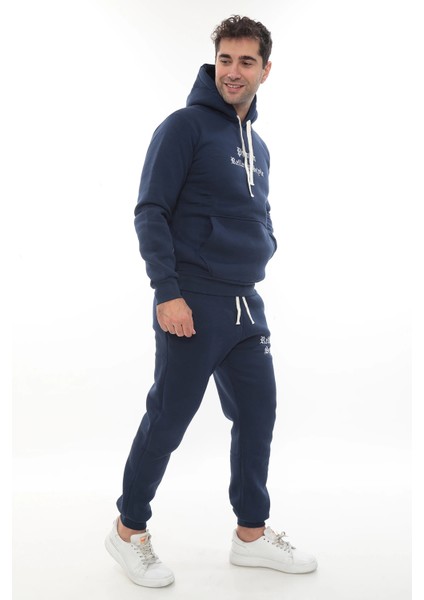 Mavi Şık Içi Polarlı Erkek Eşofman Takımı Paça Lastikli Cepli Kapüşonlu Nakış Detaylı Compact Takım